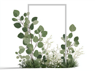 Botanical Frame Composition: An artistic composition of verdant plant life forming a frame, a blend of organic elements in a minimalist aesthetic.