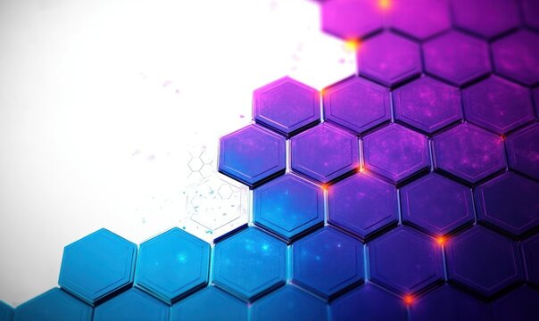 blue and purple glowing hexagonal grid tiles with neon highlights on white background, futuristic and dynamic mood - Powered by Adobe