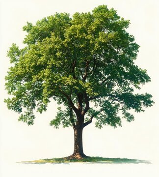Solitary mature broadleaf tree with full green canopy and textured trunk standing on a small grassy patch, peaceful and majestic