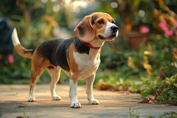 Curious tricolor beagle standing on a sunlit garden path, attentive and content expression amid greenery and soft warm light