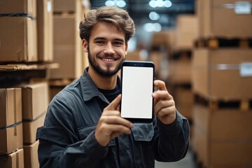 warehouse worker in dark uniform holding a tablet with blank screen among stacked cardboard boxes, confident and focused in busy storage aisle