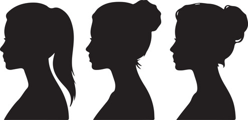 Female Profile Silhouette Icons | Woman Hairstyle Side View Vector Set.