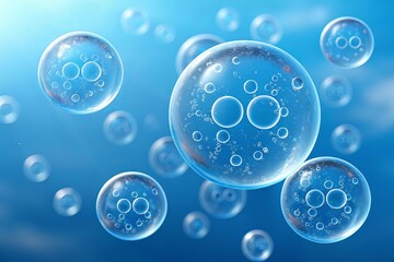 Abstract scientific illustration of cells and molecules in blue liquid