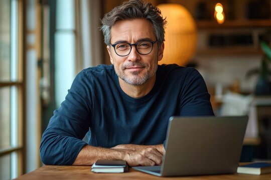 middle-aged man with gray hair seated at wooden table using laptop with smartphone and notebook in warm cozy interior appearing thoughtful and focused - Powered by Adobe
