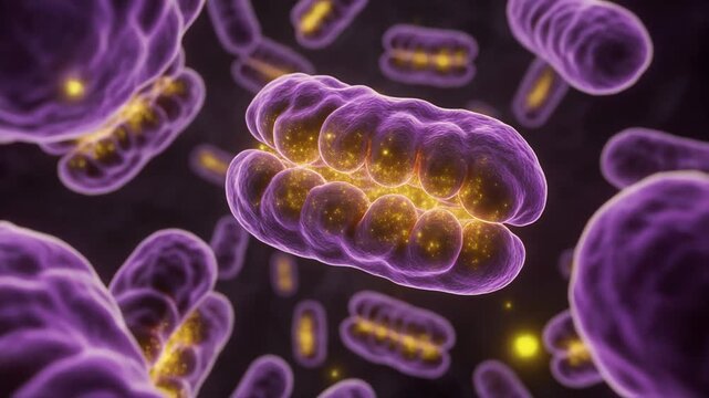 Close-up 3D animation of mitochondria within a cell, depicting energy production with glowing particles.