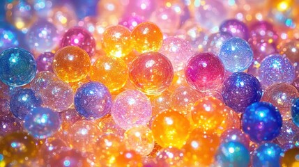 Close-up of a cluster of colorful translucent glittering gel beads and spheres glowing with warm light, creating a playful, magical and festive mood