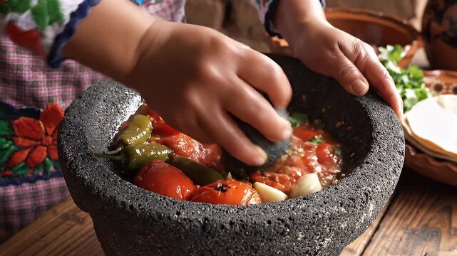 Preparing Salsa in a Molcajete.