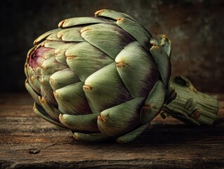 Obraz premium Close-up of fresh green artichoke on rustic wooden surface with textured background suitable for healthy food and vegetable themes