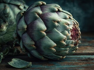Obraz premium Close-up of fresh artichoke with green leaves and purple accents on rustic wooden surface