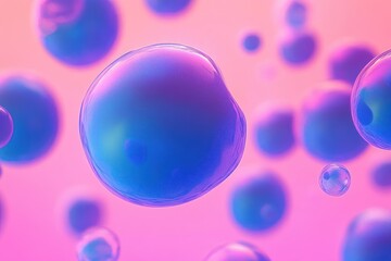 floating translucent blue and purple spheres with glossy membranes over a warm pink gradient background, dreamy and serene