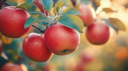 Ripe red apples glistening with morning dew on a leafy branch, bathed in warm golden light conveying fresh, serene autumn abundance