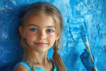 young girl painting a wall with blue paint, focused and joyful, wearing blue glove and pigtails