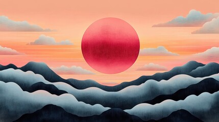 giant red sun rising over layered blue-gray misty mountains and soft pastel pink-orange sky with scattered clouds, serene dreamy calm atmosphere