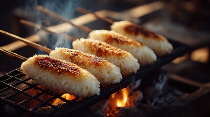Delicious grilled skewered corn dogs sizzling on barbecue grill with smoky flames and crispy crust