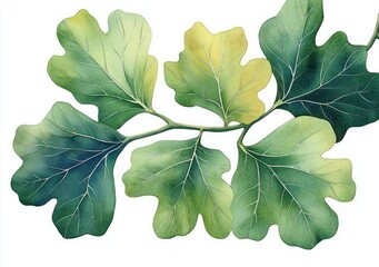 Detailed botanical illustration of a branch with multiple broad lobed green leaves and visible veins on a clean white background, evoking calm freshness