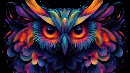 Vibrant multicolored owl face with glowing large eyes, intricate layered feathers and ornamental patterns on a dark background conveying a mesmerizing mystical intensity