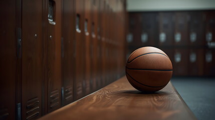 Basketball ball sitting on wooden bench in locker room with blurred lockers background