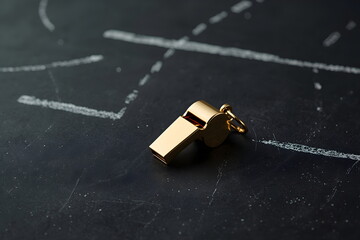 Golden referee whistle lying on black chalkboard with tactical diagrams