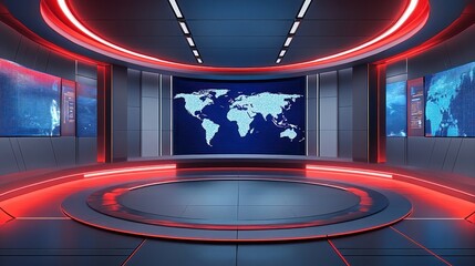 Empty futuristic broadcast studio with circular stage, glowing red and blue neon lights, large digital world map display and side screens, sleek metallic panels and dramatic high-tech atmosphere