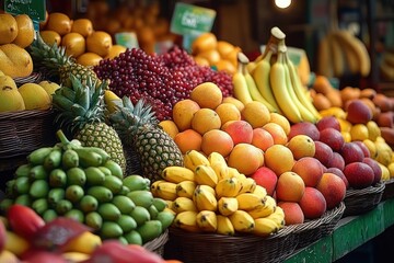Vibrant market stall with wicker baskets of fresh bananas, pineapples, oranges, peaches, nectarines, clusters of red grapes and green fruit, warm inviting abundance