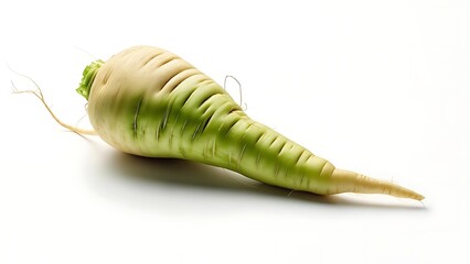 A single, pale root vegetable with green crown and slightly ribbed exterior rests on a white surface
