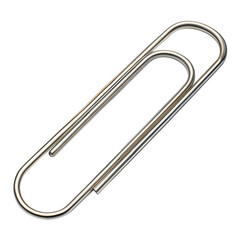 Shiny silver metallic paper clip isolated on white background, classic office stationery and school supply for document organization and paper fastening