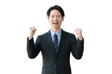 ガッツポーズをする男性ビジネスマン（背景透過PNG）