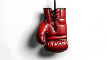A single red boxing glove hangs against a white backdrop, suspended by its laces. The glove is detailed with shadows and highlights