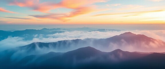 Obraz premium Ethereal washes of blues, greens, and purples evoke a misty mountain range, sunrise hues bleeding into the sky, misty, nature