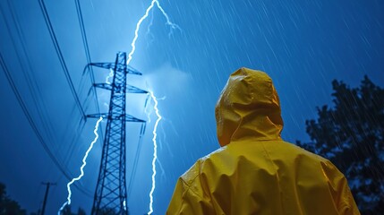 Worker in a yellow raincoat observing lightning striking an electricity tower.