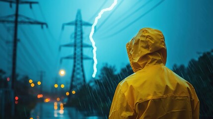 Worker in a yellow raincoat observing lightning striking an electricity tower.
