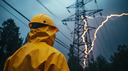 Worker in a yellow raincoat observing lightning striking an electricity tower.