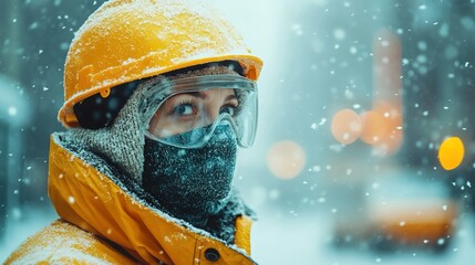 Worker in Protective Gear Facing Snowfall in Urban Winter