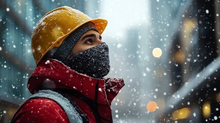 Worker in Protective Gear Facing Snowfall in Urban Winter