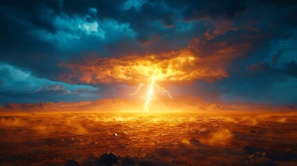 Powerful lightning strike over a vast, stormy desert landscape with contrasting blue and orange clouds.