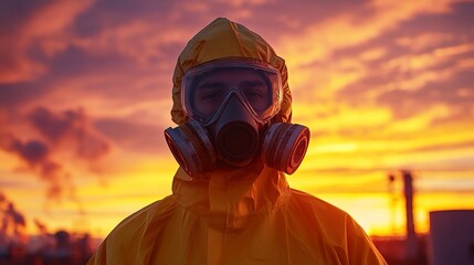 Worker in Protective Gear Standing Confidently Against Sunset.