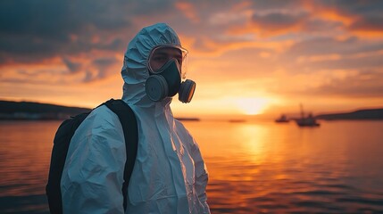 Worker in Protective Gear Standing Confidently Against Sunset.
