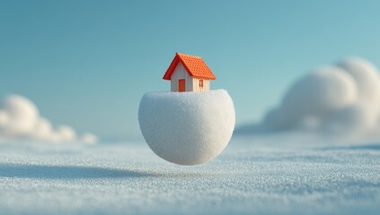 A miniature home sits atop a floating snow globe, nestled amidst a soft, pale blue sky, suggesting a serene and whimsical winter scene.