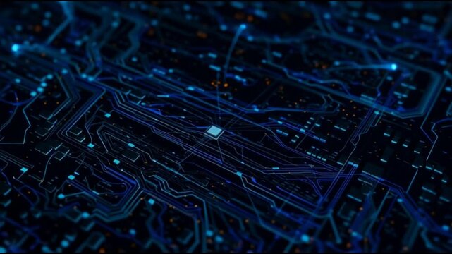 AI Letters on Chip Glowing. Futuristic network concept, city Technology suitable for videos of roller coasters with a dark blue circuit board background and glowing blue lines.