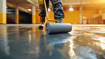 Worker using a gray waterproof roller on a concrete floor.