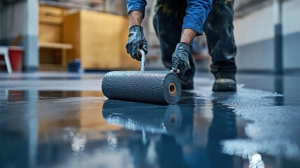 Worker using a gray waterproof roller on a concrete floor.