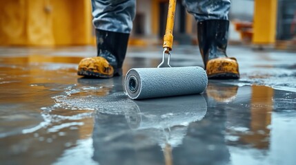 Worker using a gray waterproof roller on a concrete floor.