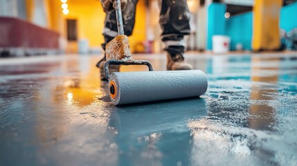 Worker using a gray waterproof roller on a concrete floor.