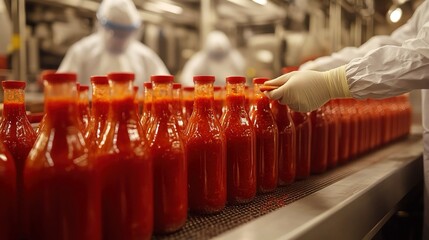 Workers in protective clothing inspecting and handling bottles of tomato sauce on a production line.
