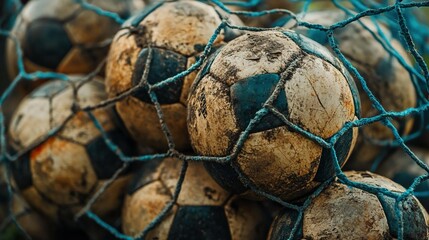 Worn Soccer Balls in a Net ??A?A" Close-Up Dramatic Shot