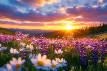 Fototapeta premium sunlit meadow of purple lupines and white daisies at sunset with rolling hills, vibrant clouds and golden rays evoking peaceful warmth and wonder