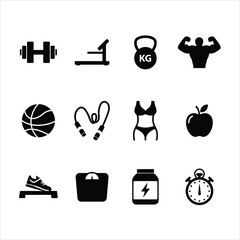 A comprehensive set of solid black fitness icons showcasing gym equipment and healthy lifestyle elements