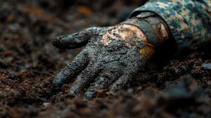 Wounded soldier??A?A?s hand lying on the ground, covered in dirt.