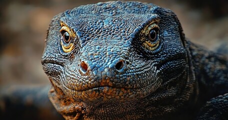 Fototapeta premium close-up portrait of a large scaly lizard with amber eyes and an intense focused gaze, detailed textured skin and rugged earthy tones