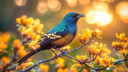 Fototapeta premium Vibrant teal and gold bird perched on a flowering branch amid yellow blossoms and warm glowing bokeh sunlight, evoking a peaceful serene moment